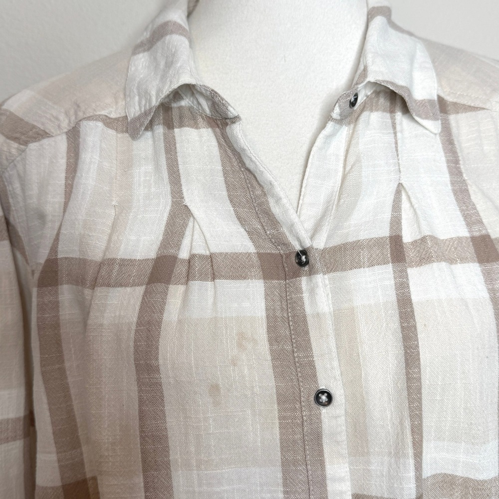 FREE PEOPLE Peppy in Plaid Tunic Top LG Cream Oversized Ruffle Hi-Low Boho - Picture 2 of 9
